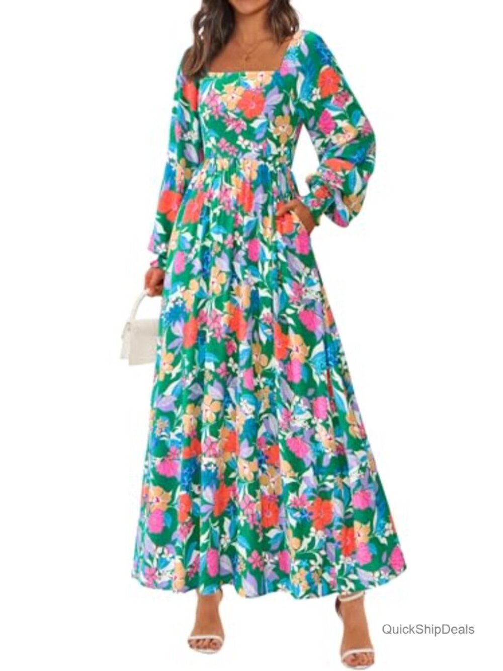 PRETTYGARDEN Women Floral Maxi Dress Long Sleeve Square Neck Boho A Line
